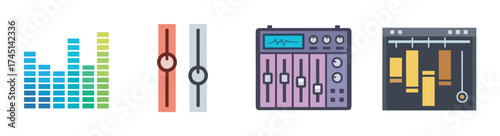Colorful audio control icons, including an equalizer, sliders, mixing console, and music editing interface.