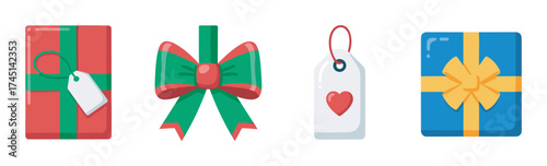 A set of colorful gift elements including a wrapped red present with a green ribbon, a red and green bow, a heart-adorned gift tag, and a blue gift box with a yellow bow.