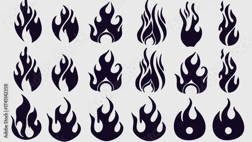 Collection of stylized black flame illustrations arranged in a grid pattern on a light background