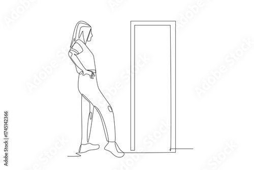 Woman trying on clothes before buying them. Shoping trying on clothes concept one-line drawing