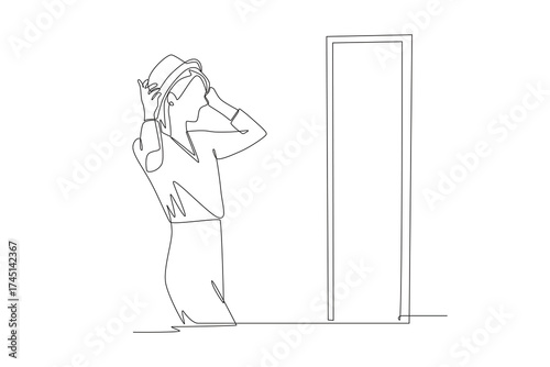 Woman trying on clothes before buying them. Shoping trying on clothes concept one-line drawing