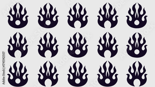 Pattern of stylized flame icons arranged in a grid formation on a light gray background, dark elements
