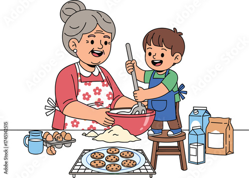 Grandmother baking cookies with grandson in kitchen, family bonding, cooking together, homemade dessert preparation, generational love, happy childhood memory