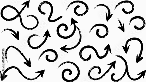 Collection of stylized black arrow illustrations with various curved and directional designs on white background