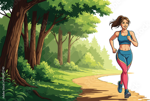 Cartoon woman jogging in forest trail, fitness lifestyle, outdoor exercise, healthy living, running workout, nature path, athletic training inspiration