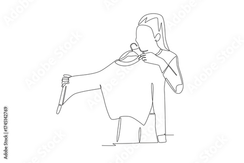 Woman trying on clothes before buying them. Shoping trying on clothes concept one-line drawing