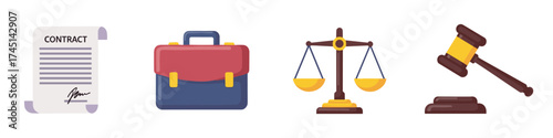 Illustrated icons depicting a contract with signature, a briefcase, a balance scale, and a gavel on a base, symbolizing legal and judicial concepts.