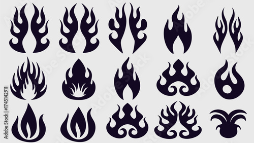 Illustration showing fifteen unique black flame designs arranged on a white background in a grid pattern