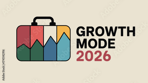 A graphic design showing a briefcase with mountain peaks and the words growth mode two thousand twenty six