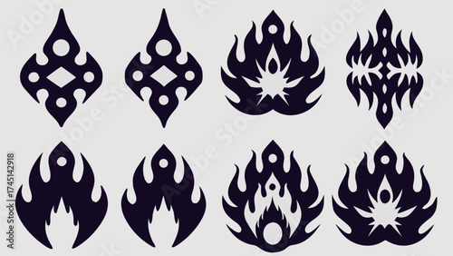 Various stylized black flame and geometric designs arranged in a grid pattern on white background