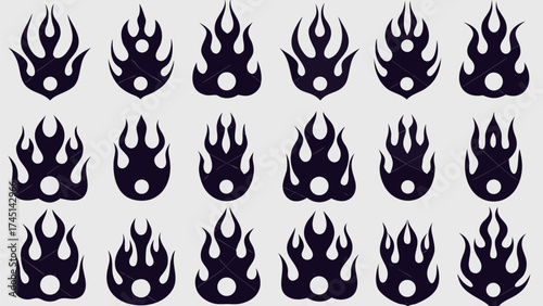 A collection of stylized black flame icons arranged in a grid pattern on a light background surface