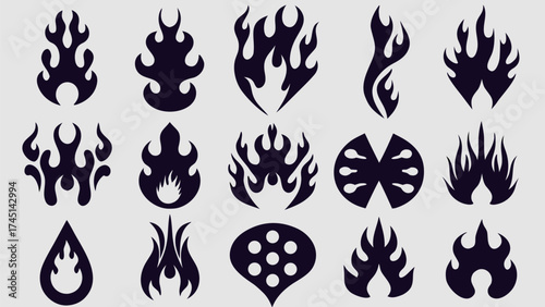 Collection of fifteen stylized black flame designs on a white background in various shapes and forms