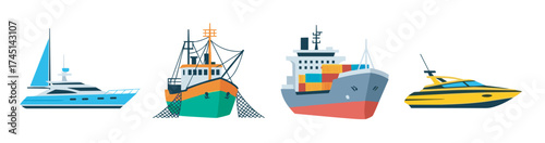 Stylized vector icons of four types of boats, including a sailboat, fishing boat, cargo ship, and speedboat, showcasing diverse maritime transportation.