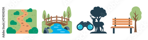 Four colorful icons illustrating a hiking trail, a wooden bridge over a stream, binoculars beside a deer, and a park bench under a tree.