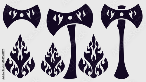 Illustration of three axe designs with flame accents in a dark color on a light background design set
