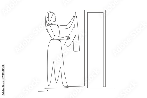 Woman trying on clothes before buying them. Shoping trying on clothes concept one-line drawing