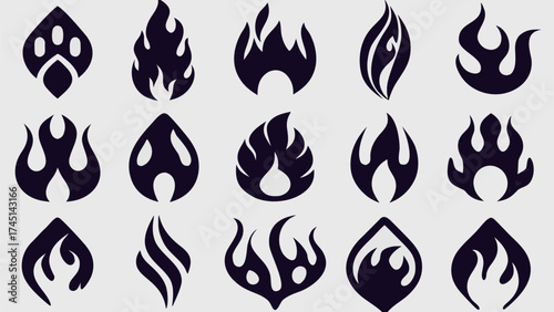 Collection of fifteen unique abstract black flame designs arranged on a light gray background set