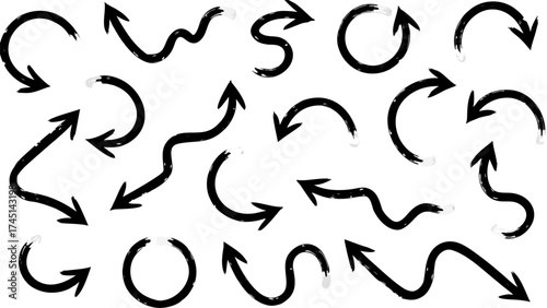 Collection of hand drawn black arrows in various shapes and directions on a white background design element