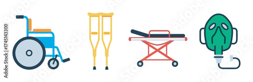 Colorful icons of a wheelchair, crutches, stretcher, and oxygen mask, representing essential medical equipment and emergency care tools.