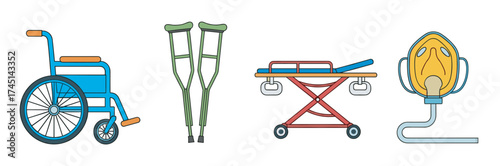 Colorful vector icons of medical equipment including a wheelchair, a pair of crutches, a stretcher, and a breathing mask, used in healthcare settings.