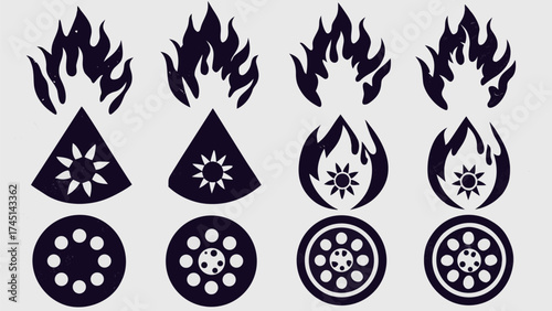 Four sets of abstract symbols with flames, suns and wheels in a vertical arrangement on a light background