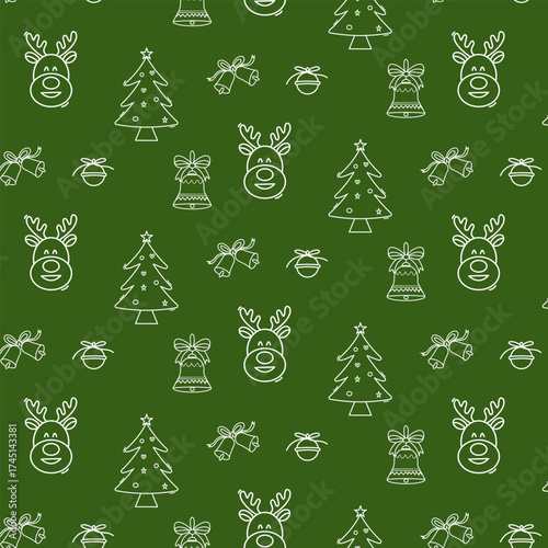 Hand drawn Christmas doodle icon seamless pattern green background
