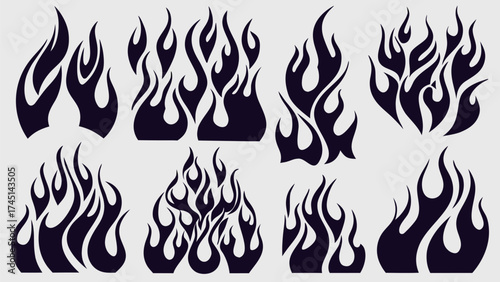 Illustration showing eight stylized black flame designs against a light gray background image art