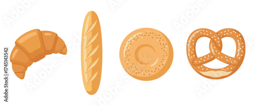 Variety of baked goods including a croissant, baguette, round bagel, and pretzel arranged in a line.