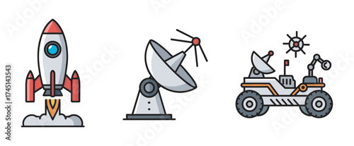 Colorful cartoon illustrations of a rocket launching, a satellite dish, and a space rover with an antenna for exploration themes.