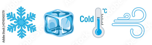 Blue icons depicting a snowflake, an ice cube, a thermometer showing cold temperature, and stylized wind lines, representing concepts of cold and winter.