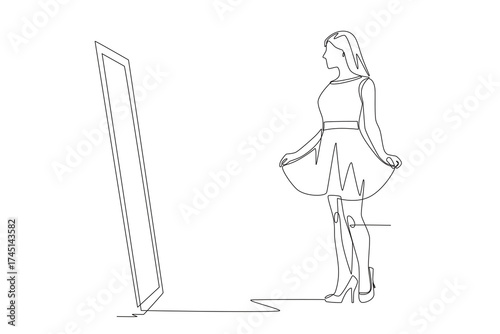 Woman trying on clothes before buying them. Shoping trying on clothes concept one-line drawing