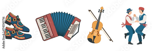 Traditional balkan dance and music elements featuring decorative shoes, an accordion, a violin, and two males in cultural attire performing a traditional dance.