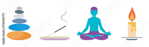 Abstract illustrations of a balanced stone stack, burning incense stick, meditating figure, and lit candle representing relaxation and mindfulness concepts.