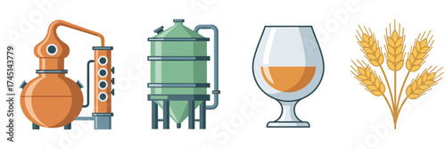Collection of brewing equipment and ingredients, including an alembic still, fermenter, a glass of whiskey, and wheat stalks for distillation.
