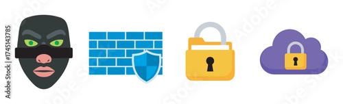 Stylized graphic depicting a masked figure with green eyes, a firewall with a shield, a locked file folder, and a cloud with a padlock symbolizing cybersecurity.