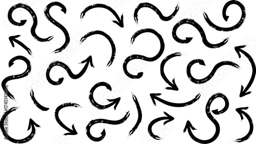 Collection of hand drawn black arrows with various shapes and directions on a white isolated background