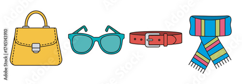 Colorful accessory set featuring a yellow handbag, teal sunglasses, red belt, and a striped scarf.