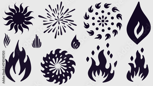Collection of stylized sunbursts fire and flame icons in black and white vector illustration set