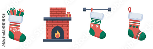 Festive christmas elements including a red stocking filled with gifts, a brick fireplace with a fire, and decorative stockings hanging on a rod.