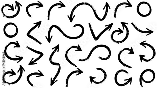 Collection of hand drawn black arrows in various shapes and directions on a white background design element