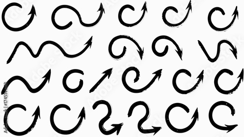Illustration showing a collection of twenty four hand drawn black arrows with various curves and directions