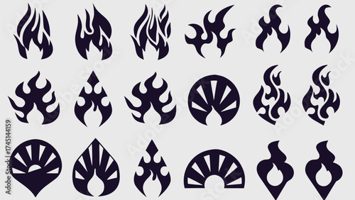 Collection of stylized flame designs in various shapes and arrangements on a light background image