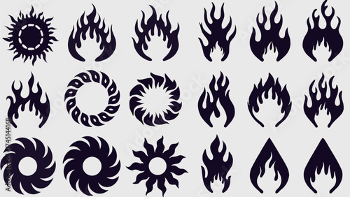 Collection of stylized flame and sun designs in black silhouette on a white background view