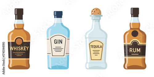 A collection of four distinct liquor bottles, each labeled as whiskey, gin, tequila, and rum, showcasing different shapes and colors.