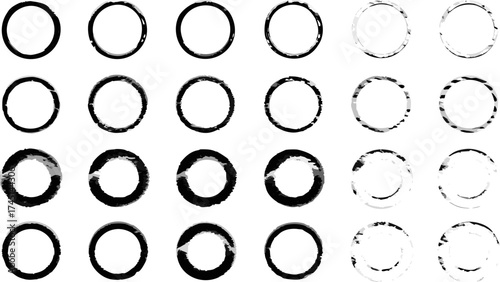 Collection of twenty circles with varying levels of grunge and distress in a four by five grid pattern