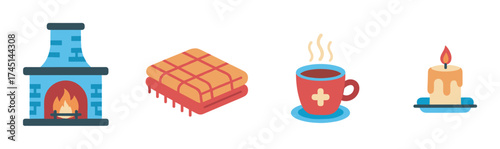 Colorful flat illustrations of a lit fireplace, a chocolate-covered waffle, a steaming cup of coffee, and a burning candle.