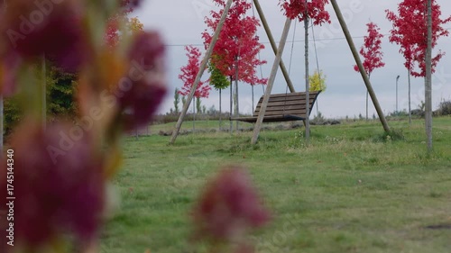 Experience the tranquility of a park featuring a charming wooden swing set amidst vibrant autumn foliage and soft green grass, perfect for relaxation and enjoying nature's beauty.