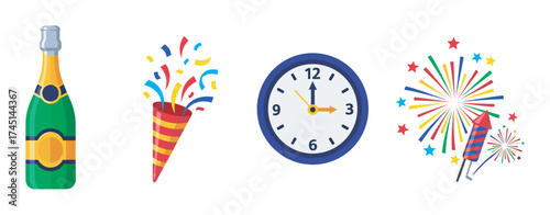 Colorful array of new year celebration icons including a champagne bottle, confetti popper, clock showing midnight, and vibrant fireworks.
