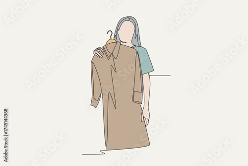 Colored woman trying on clothes before buying them. Shoping trying on clothes concept one-line drawing