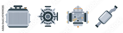 A collection of four automotive engine components, including a radiator, an engine, a carburetor, and an exhaust pipe, displayed in a simple flat design.